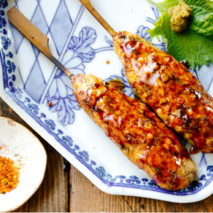Grilled Japanese chicken meatball skewers glazed in a delicious sweet-savory sauce.